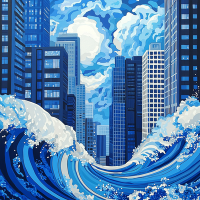 Katsushika Hokusai Inspired Hokusai's Urban Tides Paint By Color