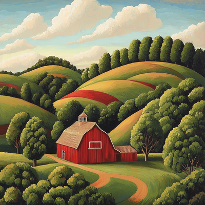 Grant Wood Inspired Classic Barn Landscape Paint By Number