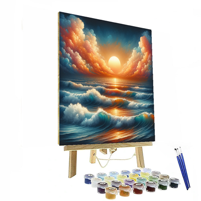 Vibrant Sunset Over Ocean Waves Number Painting